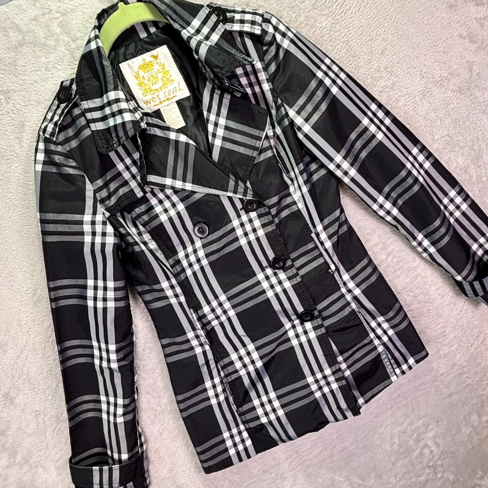 Wet Seal Womens Trench Coat Medium Black White Plaid Double Breasted Y2K Jacket